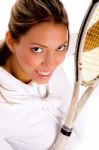 Top View Of Smiling Tennis Player Stock Photo