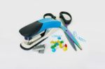 Stapler, Scissors, Thumbtacks, Paper Clips On A Light Background Stock Photo