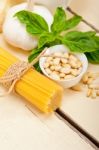 Italian Traditional Basil Pesto Pasta Ingredients Stock Photo