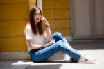 Portrait Of Thai Chinese Adult Glasses Beautiful Girl Denim Blue Bag Relax And Smile Stock Photo