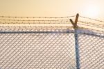 Barbed Wire Fence With Snow At Sunset Stock Photo