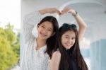 Two Asia Thai Teen Best Friends Girls Smile And Funny Stock Photo