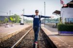 Tourists Man Are Enjoying The Train Station Stock Photo