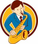 Musician Playing Saxophone Circle Cartoon Stock Photo