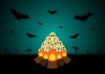 Halloween Skull Pile Bonfire Bat Cross  Stock Photo