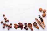 Spoon Of Various Legumes And Different Kinds Of Nuts Walnuts Ker Stock Photo