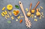 Italian Foods Concept And Menu Design. Various Kind Of Pasta Far Stock Photo