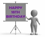 Happy Eighteenth Birthday Board Shows Happy Celebration Stock Photo