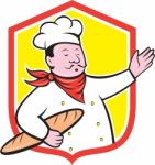 Chef Cook Holding Baguette Shield Cartoon Stock Photo