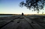 Lone Fisherman Sunset Pier Stock Photo