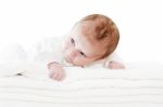 Blue Eyes Baby Boy On White Towels Stock Photo