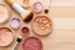 Makeup Powder With Brushes Background Stock Photo