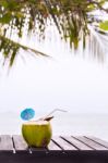 Coconut Water Drink Served In Coconut With Drinking Straw On The Stock Photo