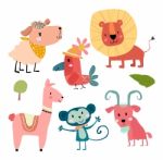 Cute Hand Draw Wild Animal Cartoon Character Set Stock Photo