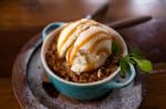 Apple Crumble Dessert With Ice Cream Stock Photo