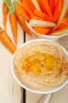 Fresh Hummus Dip With Raw Carrot And Celery Stock Photo