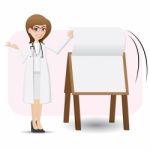 Cartoon Cute Doctor Flip Paper On Presentation Board Stock Photo