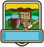 Mug Fly Tackle Bait Box Rod Reel Crest Woodcut Stock Photo