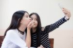 Two Asia Thai Teen Best Friends Girls Make Picture Selfie Pic Stock Photo