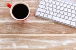 Wooden Work Desk With Keyboard Stock Photo