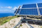 Blue Solar Panels At Coast Near Sea In Kefalonia Greece Stock Photo