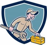 Mechanic Carrying Toolbox Spanner Shield Cartoon Stock Photo