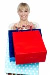 Woman Holding Shopping Bags In Her Outstretched Arms Stock Photo