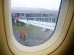 Rain Drop. Window Airplane Stock Photo