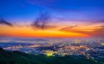 South Korea Skyline Of Seoul, The Best View Of South Korea With Lotte World Mall At Namhansanseong Fortress Stock Photo