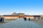 Seoul, South Korea - January 17: Tourists Taking Photos Of The Beautiful Scenery Around Gyeongbokgung Palace On January 17, 2015 In Seoul, South Korea Stock Photo