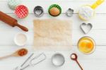 Baking Background With Baking Paper And Ingredients Stock Photo