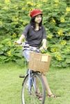 Woman With Retro Bicycle In A Park Stock Photo