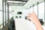 Hand Click Find Job Interface Office Interior Background Stock Photo