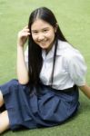 Portrait Of Thai High School Student Uniform Teen Beautiful Girl Happy And Relax, Stock Photo