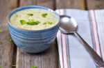 Bowl Of Broccoli And Cheddar Cheese Soup Stock Photo