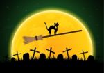 Halloween Witch Broomstick Graveyard Cat Moon Gravestone Backgro Stock Photo