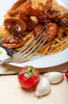 Italian Seafood Spaghetti Pasta On Red Tomato Sauce Stock Photo