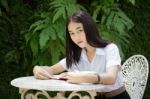 Thai Adult Student University Beautiful Girl Reading Red Book Stock Photo