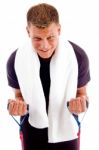 Man doing muscle building exercise Stock Photo