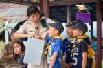 Student 9-10 Years Old, Scout In Adventure Activities, Scout Camp School Bangkok Thailand Stock Photo