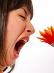 Woman With An Allergy Smelling A Flower Stock Photo