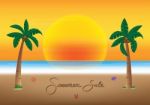 Summer Sale Promotion Season With Coconut Tree, Sunset And Sea B Stock Photo