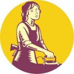 Housewife Ironing Circle Woodcut Stock Photo