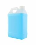 Side Plastic Gallon With Blue Liquid On White Background Stock Photo