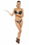 Glamorous Bikini Woman Presenting Copy Space Area Stock Photo