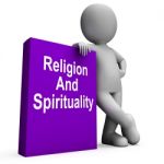 Religion And Spirituality Book With Character Shows Religious Sp Stock Photo