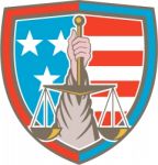 Hand Holding Scales Of Justice Shield Retro Stock Photo