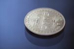 Bitcoin Curency Dof On Blue Light Background Stock Photo