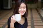 Portrait Of Thai Adult Glasses Beautiful Girl Drinking Coffee Stock Photo