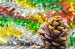 Christmas Background With Decorations On Colorful Background Stock Photo